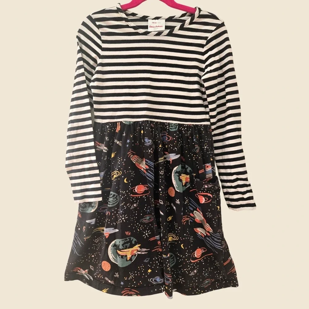 Hanna Andersson Girls Space Rocket Ship Striped Dress Black White Size 130 US 8